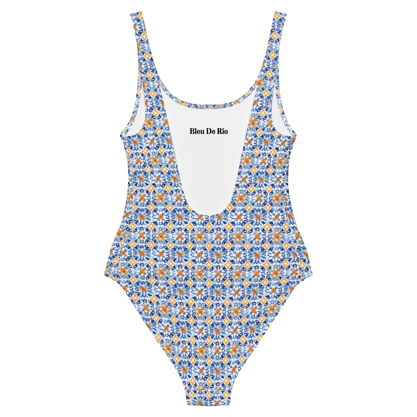 Vintage Portuguese Orange and Blue Tile Print One-Piece Swimsuit