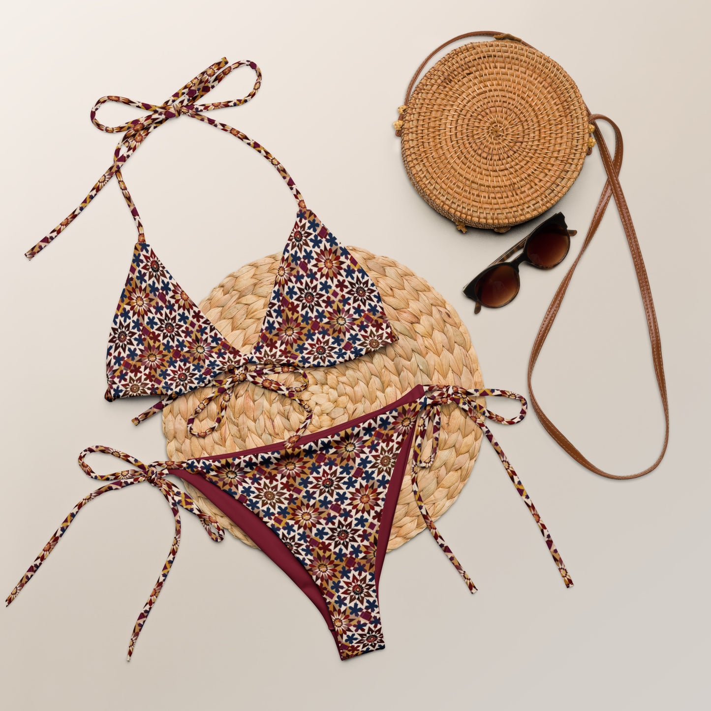 Moroccan Burgundy Tile Print Triangle Bikini
