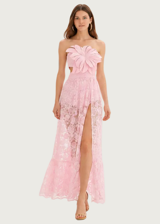 Sandy - Robe body longue bustier en dentelle florale avec fleur sculptée