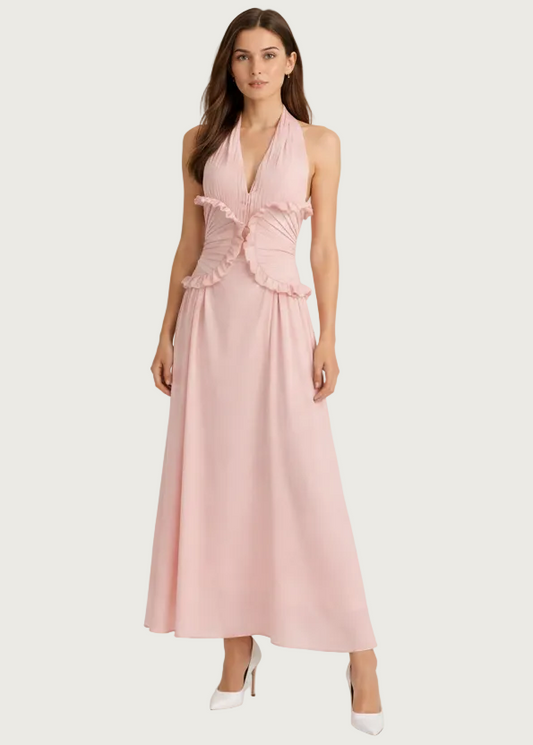 Marianne - Robe longue fluide à décolleté profond avec taille plissée et volants