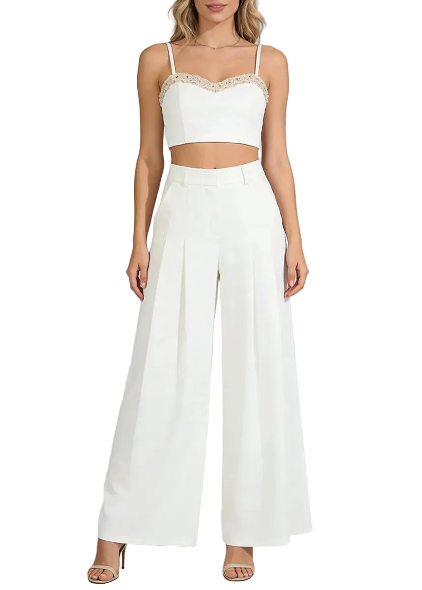 Ensemble blanc top court et pantalon large