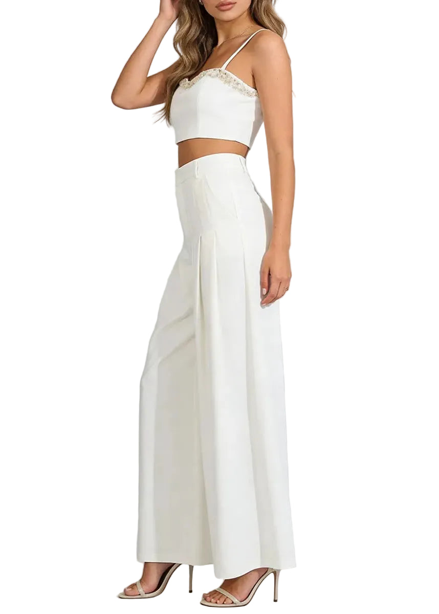 Camélia - Ensemble deux-pièces blanc top court et pantalon large