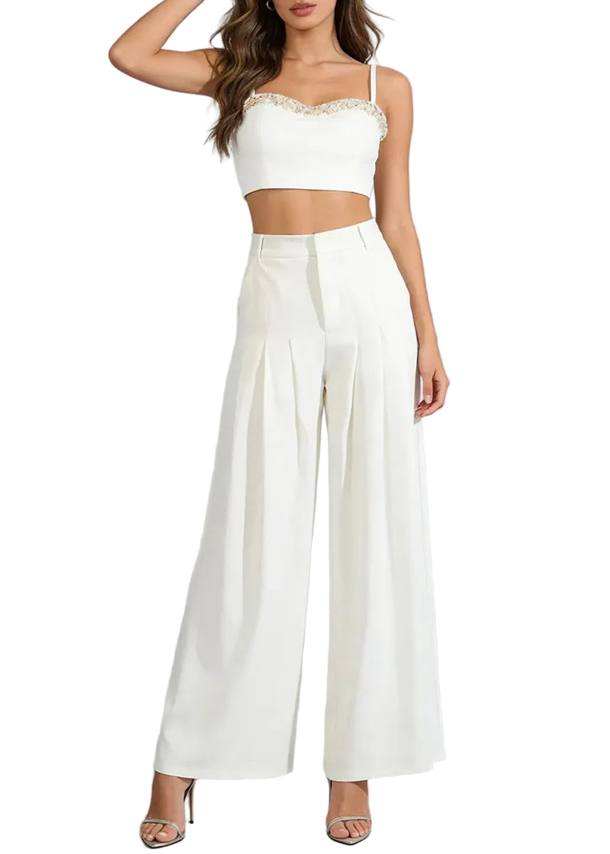 Ensemble blanc top court et pantalon large