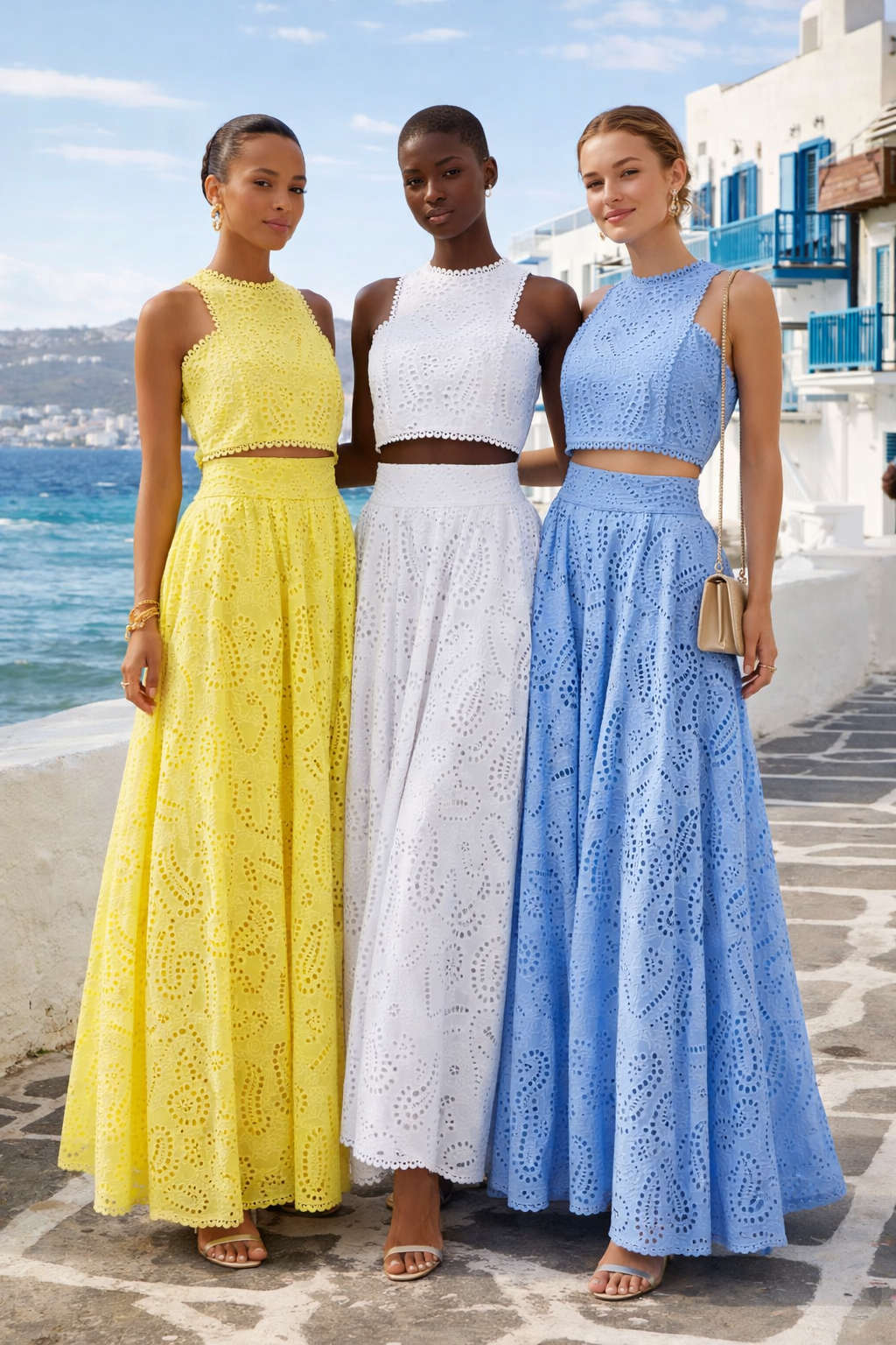 Ensemble deux-pièces longue en broderie anglaise BLEU DE RIO