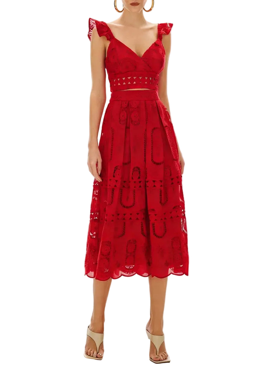 Ensemble deux-pièces top et jupe midi en dentelle BLEU DE RIO