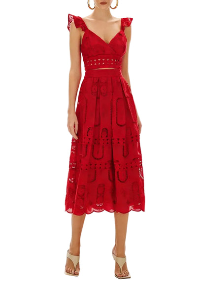 Ensemble deux-pièces top et jupe midi en dentelle BLEU DE RIO