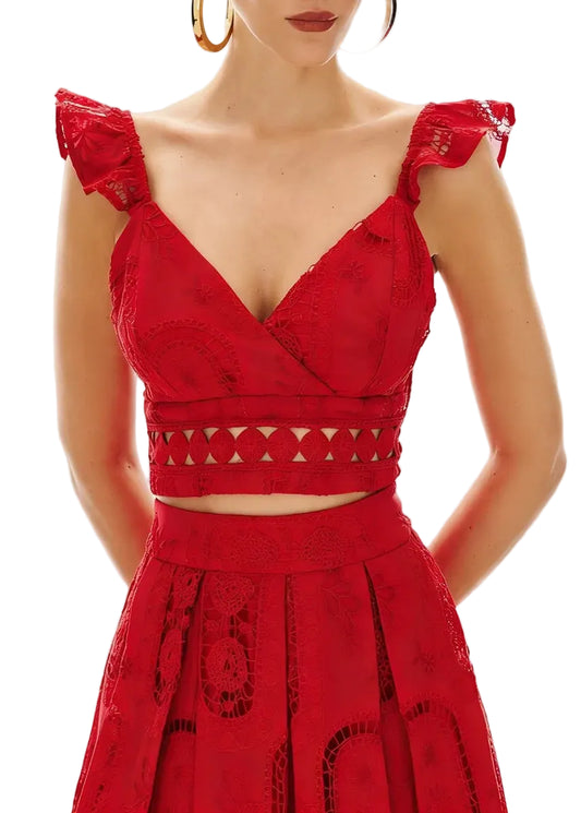 Ensemble deux-pièces top et jupe midi en dentelle BLEU DE RIO