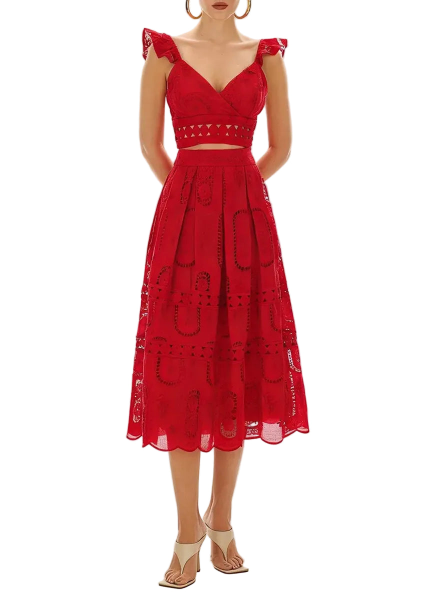 Ensemble deux-pièces top et jupe midi en dentelle BLEU DE RIO