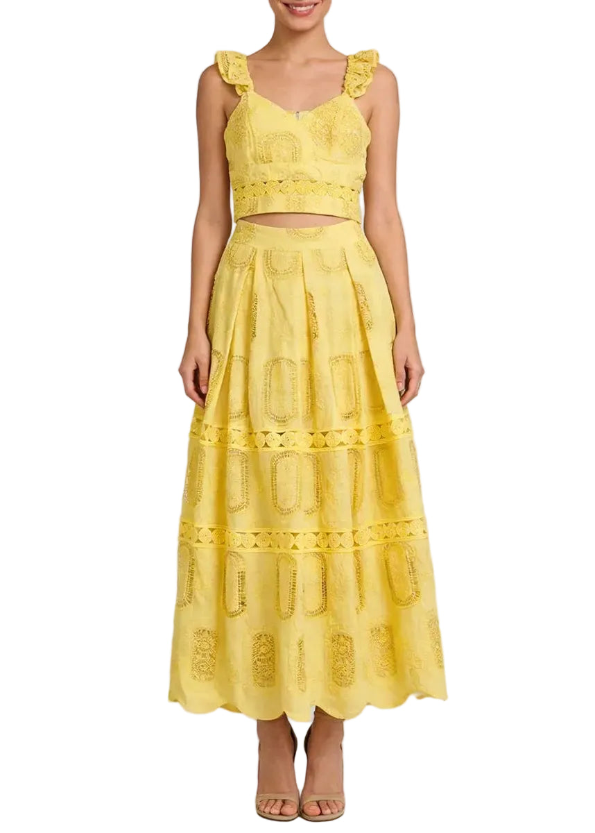 Ensemble deux-pièces top et jupe midi en dentelle BLEU DE RIO