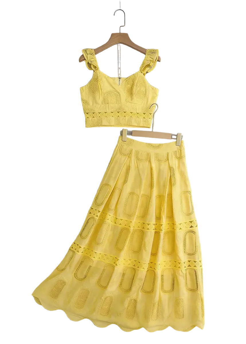 Ensemble deux-pièces top et jupe midi en dentelle BLEU DE RIO