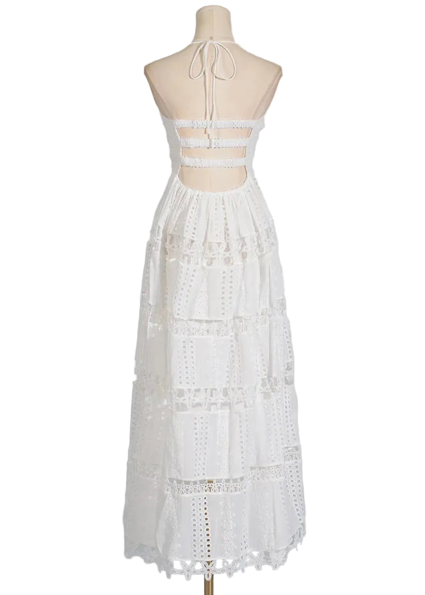 Lucie - Robe longue dos nu en dentelle ajourée