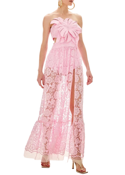 Robe longue bustier en dentelle florale avec fleur sculptée