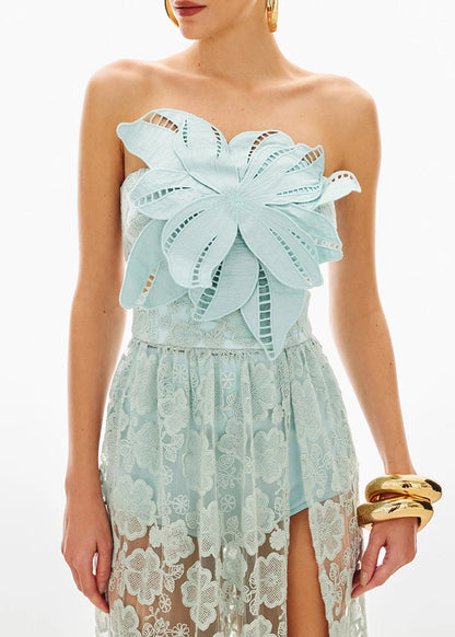  Robe longue bustier en dentelle florale avec fleur sculptée