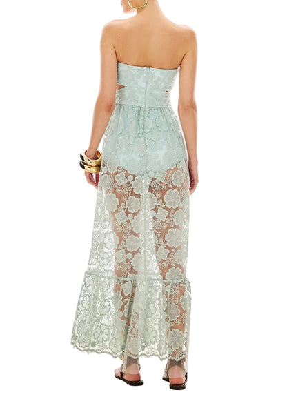  Robe longue bustier en dentelle florale avec fleur sculptée