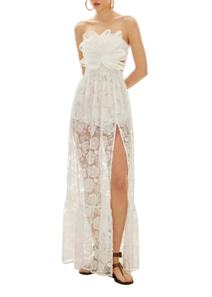  Robe longue bustier en dentelle florale avec fleur sculptée