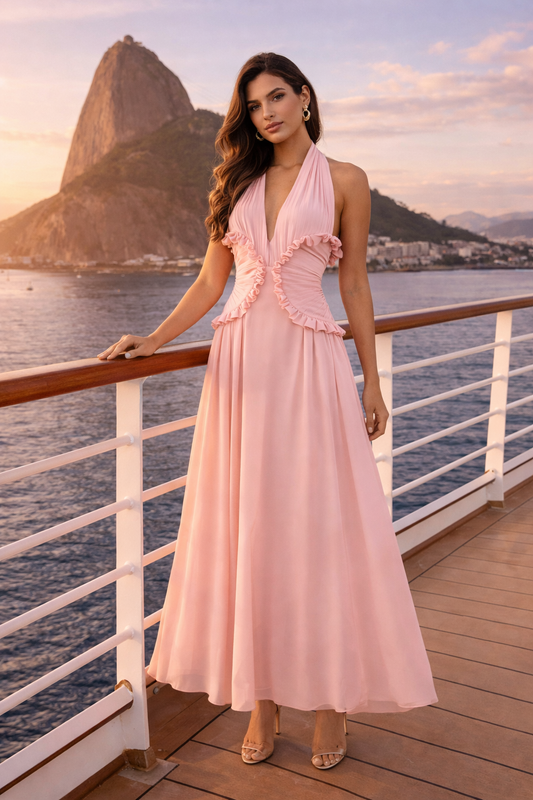 Marianne - Robe longue fluide à décolleté profond avec taille plissée et volants