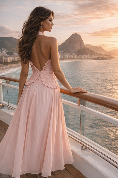 Marianne - Robe longue fluide à décolleté profond avec taille plissée et volants