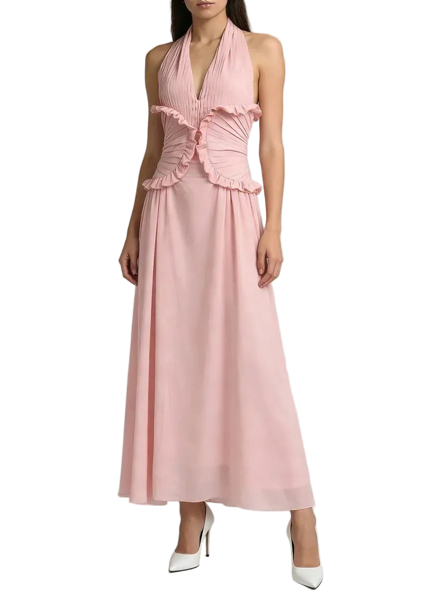 Robe longue fluide à décolleté profond avec taille plissée et volants