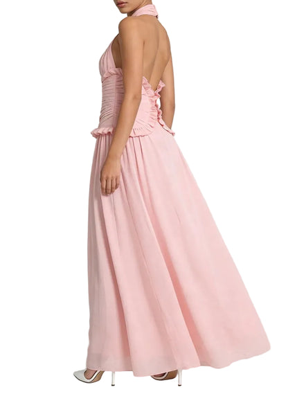 Robe longue fluide à décolleté profond avec taille plissée et volants