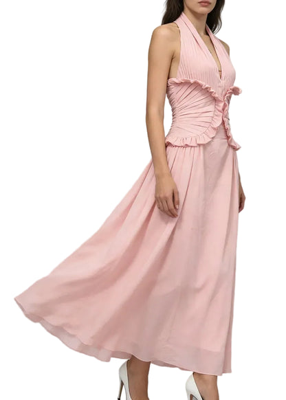 Robe longue fluide à décolleté profond avec taille plissée et volants