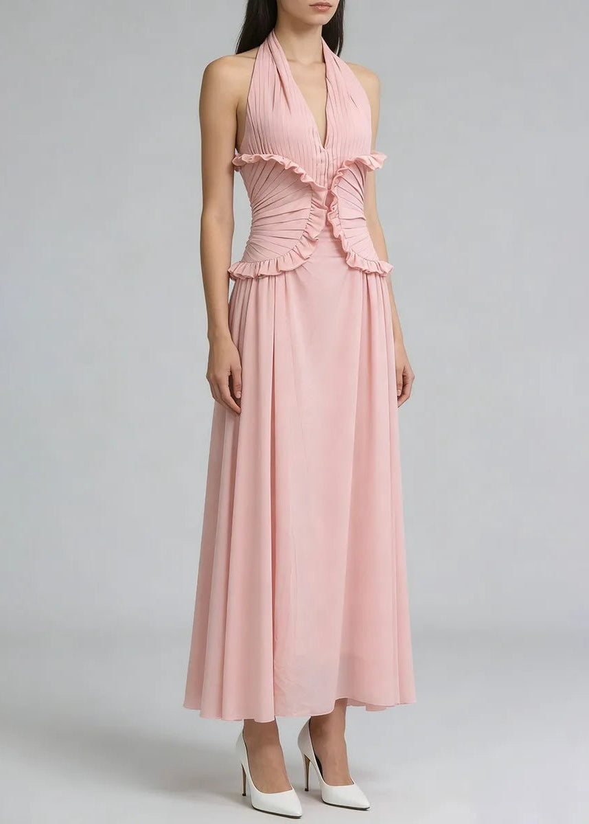 Robe longue fluide à décolleté profond avec taille plissée et volants