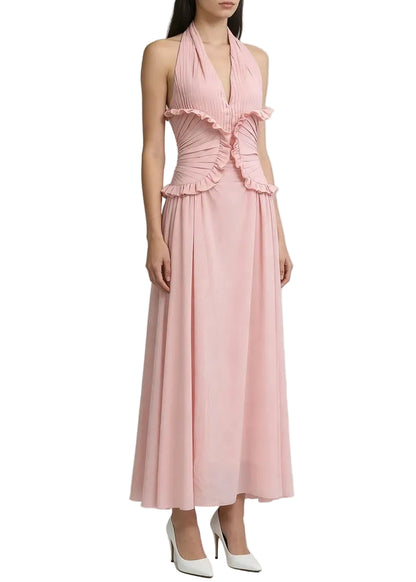 Robe longue fluide à décolleté profond avec taille plissée et volants