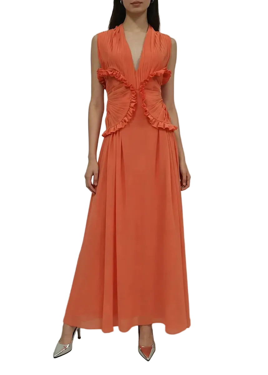 Robe longue fluide à décolleté profond avec taille plissée et volants