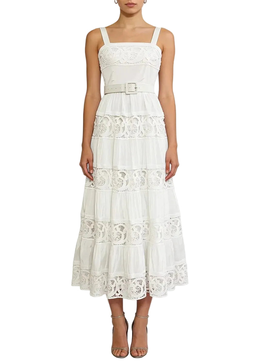 Robe midi en dentelle ajourée à bretelles