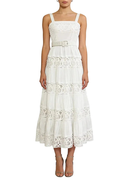 Robe midi en dentelle ajourée à bretelles