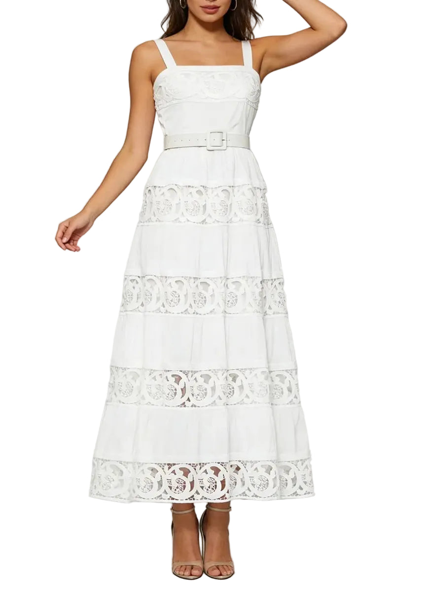 Robe midi en dentelle ajourée à bretelles