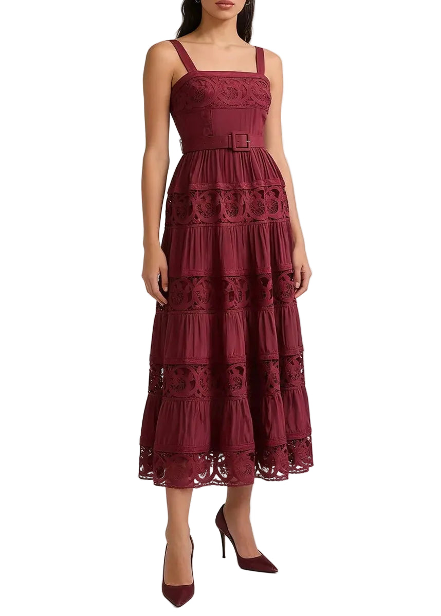 Robe midi en dentelle ajourée à bretelles