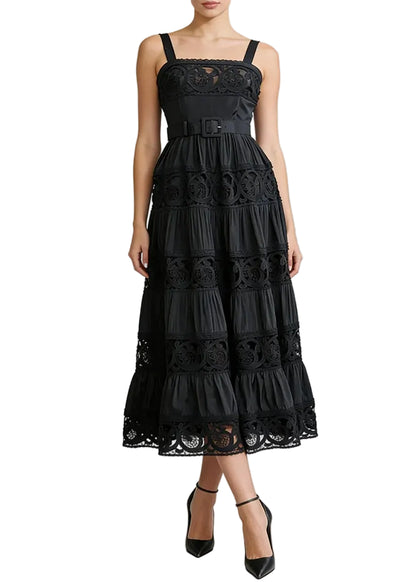 Robe midi en dentelle ajourée à bretelles