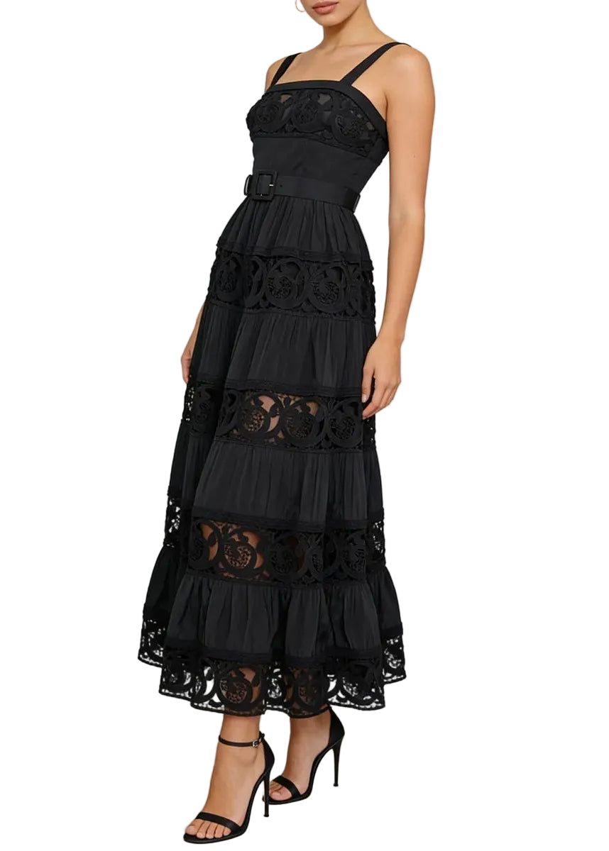 Robe midi en dentelle ajourée à bretelles