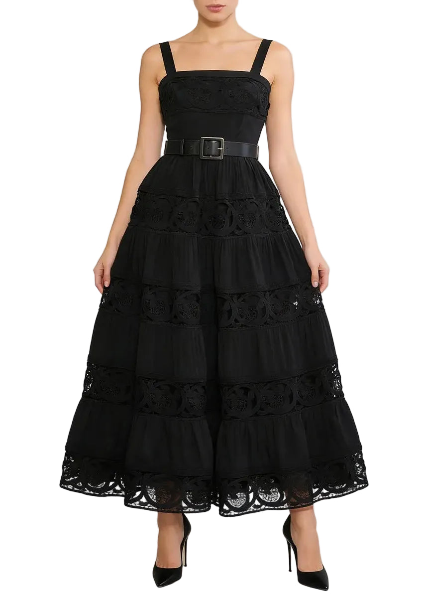 Robe midi en dentelle ajourée à bretelles