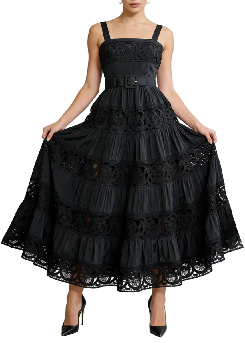 Robe midi en dentelle ajourée à bretelles