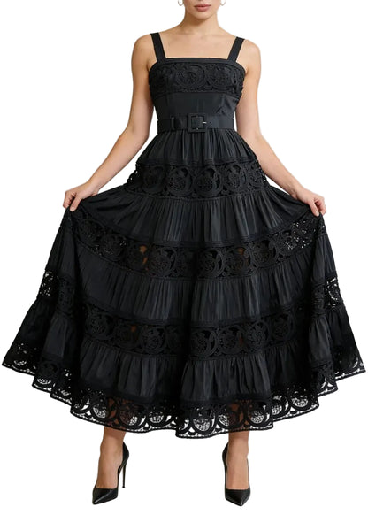 Robe midi en dentelle ajourée à bretelles