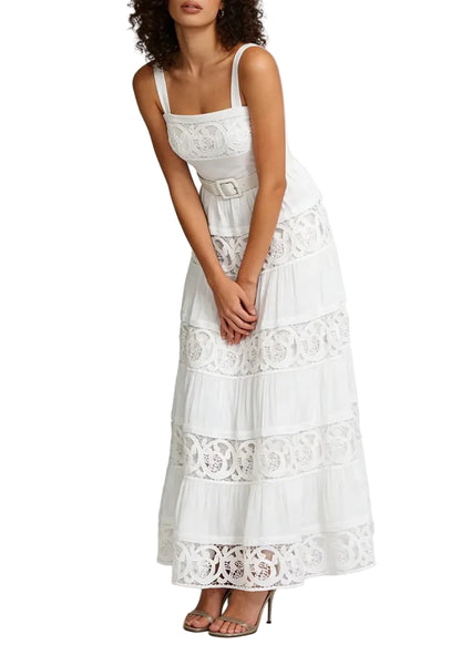 Robe midi en dentelle ajourée à bretelles