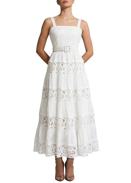 Robe midi en dentelle ajourée à bretelles