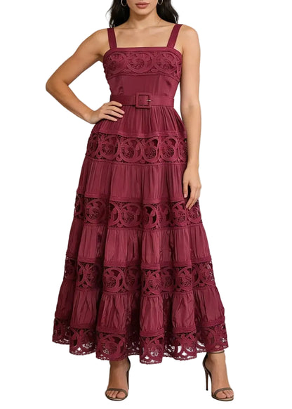 Robe midi en dentelle ajourée à bretelles