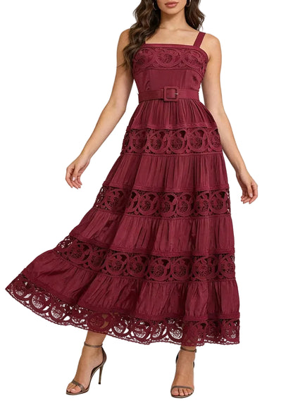 Robe midi en dentelle ajourée à bretelles