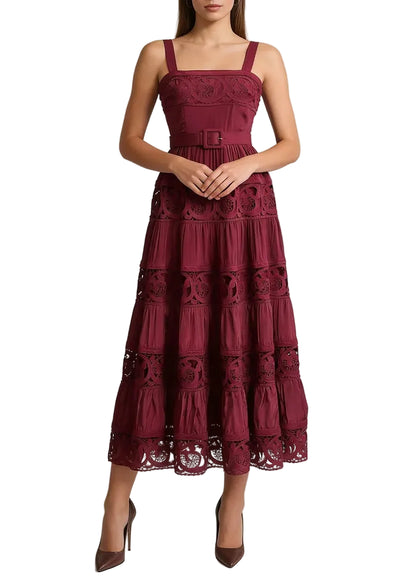 Robe midi en dentelle ajourée à bretelles