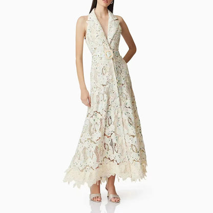 Elegant Patchwork Sleeveless Dress Lapel & Lace-Up Detail Temperament Chic