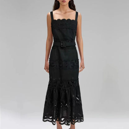 Square Neck Sleeveless Patchwork Lace Dress
