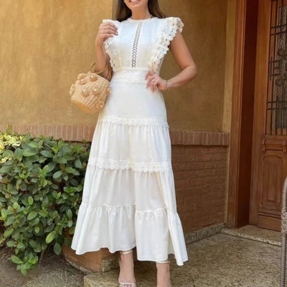 Timeless Richelieu Lace Ruffle Dress – Elegant Summer Midi for Women