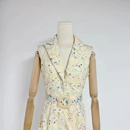 Elegant Patchwork Sleeveless Dress Lapel & Lace-Up Detail Temperament Chic