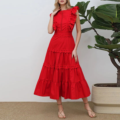 Timeless Richelieu Lace Ruffle Dress – Elegant Summer Midi for Women