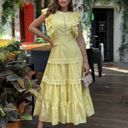 Timeless Richelieu Lace Ruffle Dress – Elegant Summer Midi for Women
