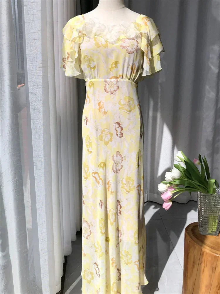 Robe Charlotte Manches À Volant 100% Soie De Mûrier