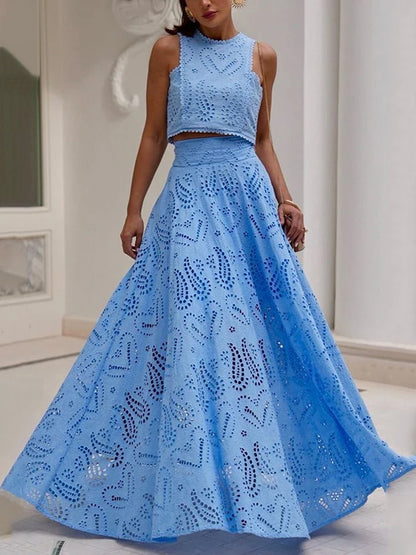 Hollow-Out Two-Piece Set Sleeveless Top & High-Waist Skirt