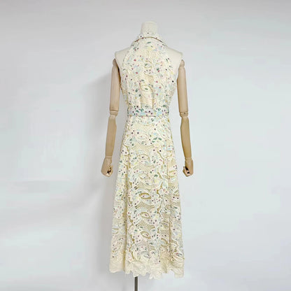 Elegant Patchwork Sleeveless Dress Lapel & Lace-Up Detail Temperament Chic